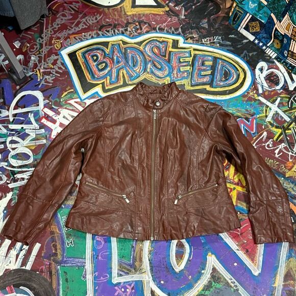 Vintage 90s Faux Leather Moto-Style Jacket by Bernardo - Collarless and Chic XXL - Picture 1 of 8